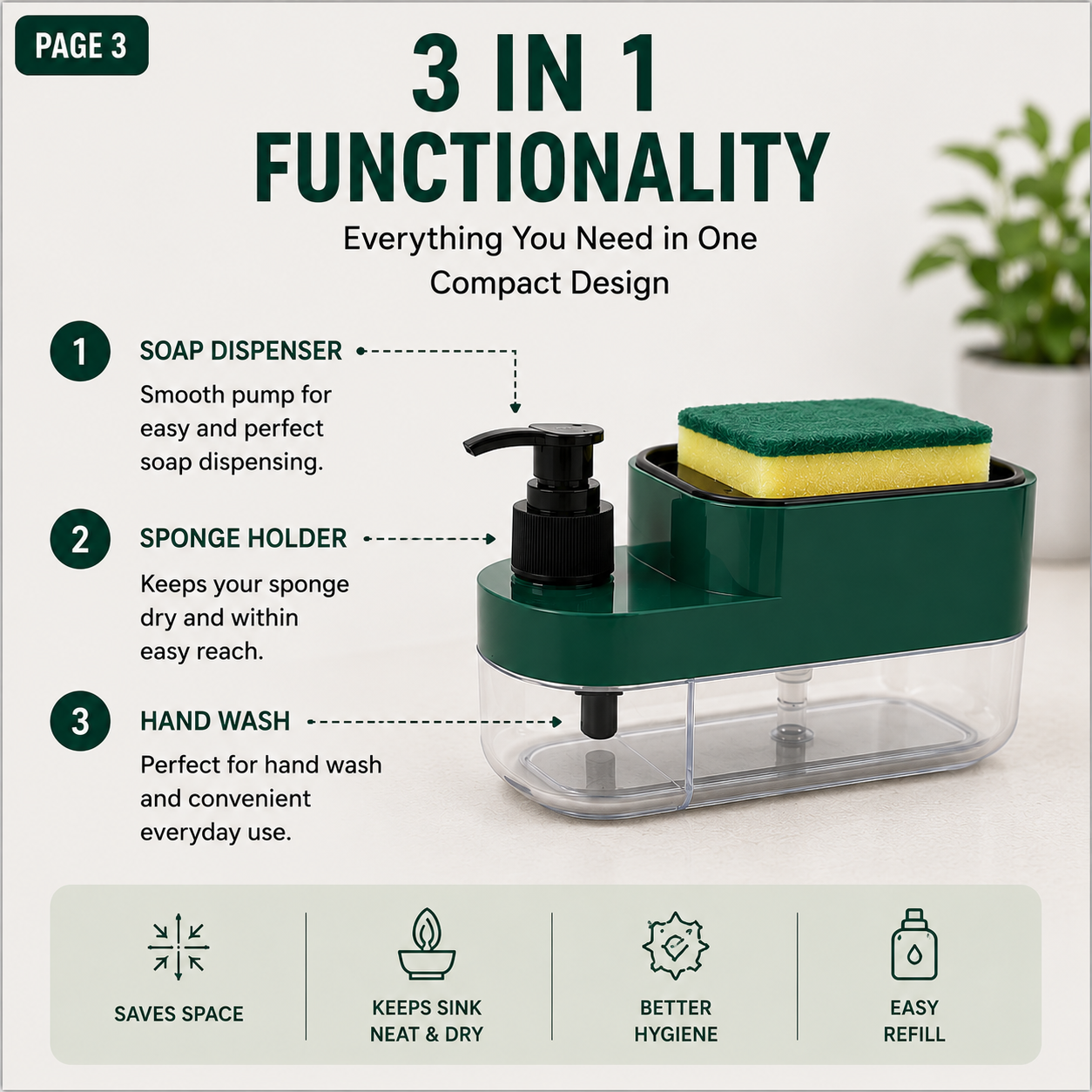 Premium 3-in-1 Kitchen Soap Dispenser Organizer