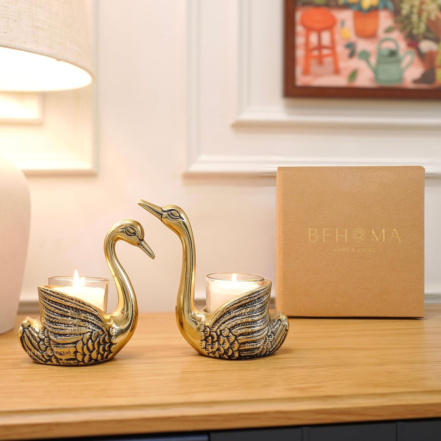 Premium Golden Swan Candle Holder Gift Set