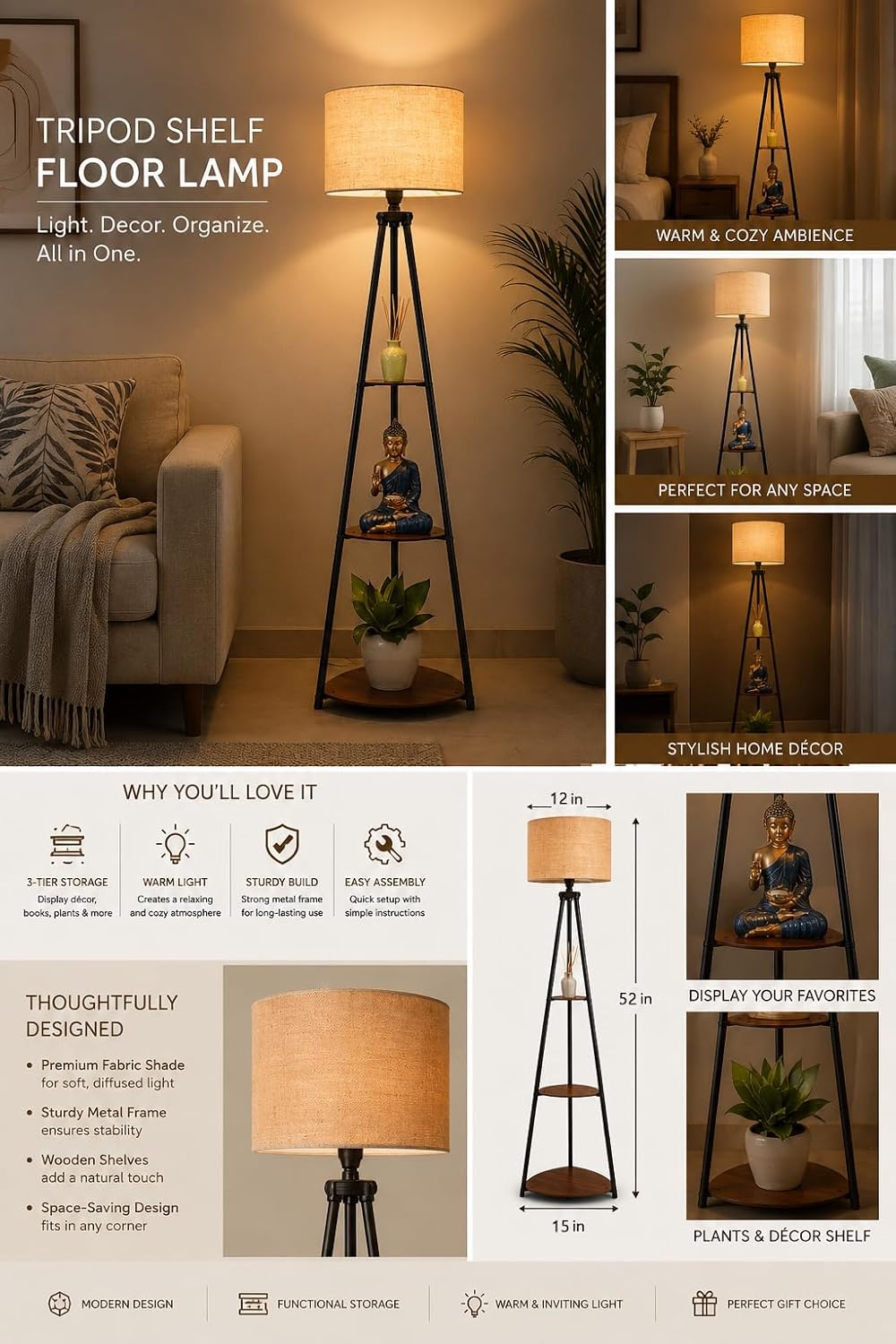 Luxury Corner Floor Lamp with Storage Shelves