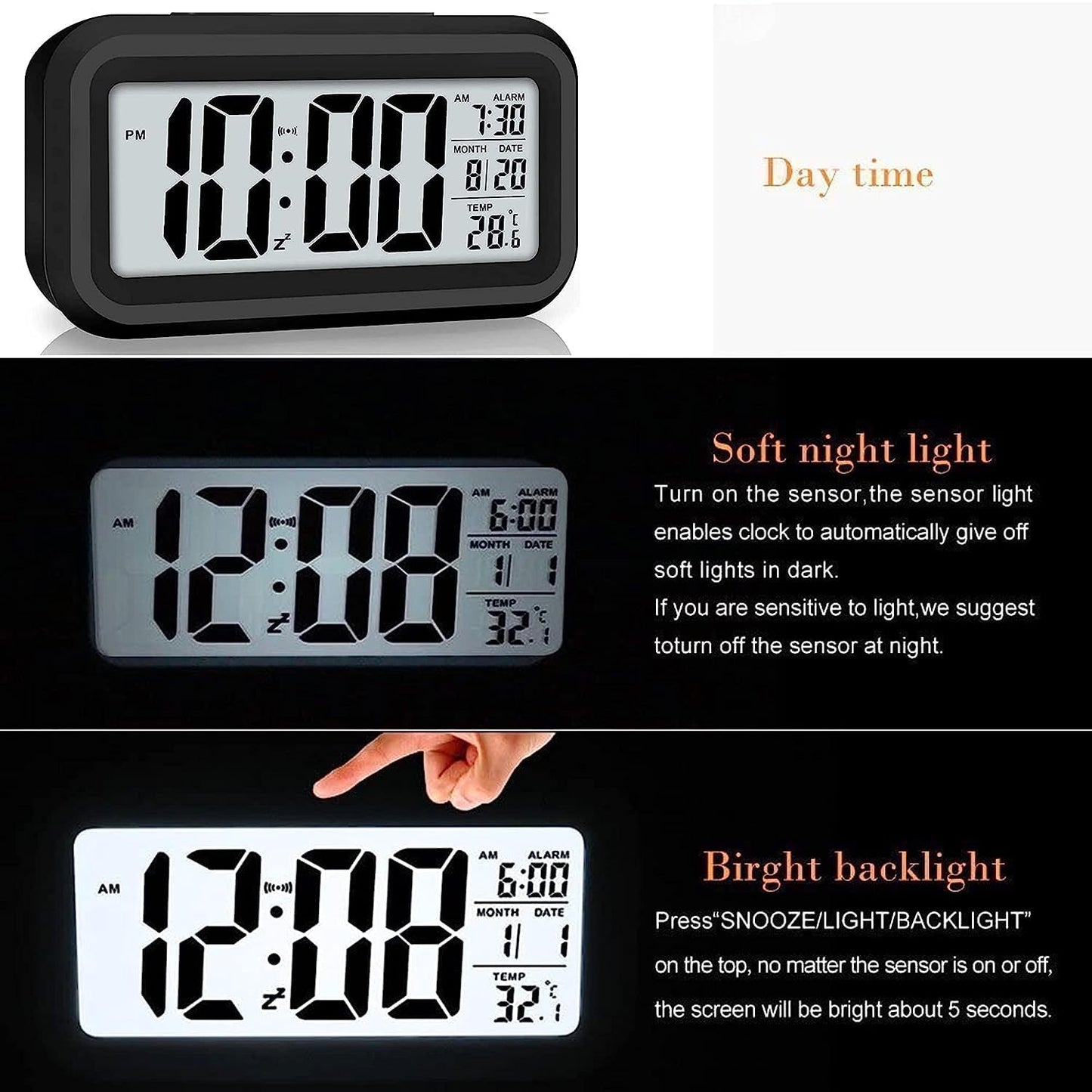 Aesthetic Digital Alarm Clock with Automatic Sensors