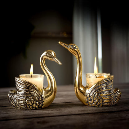 Premium Golden Swan Candle Holder Gift Set